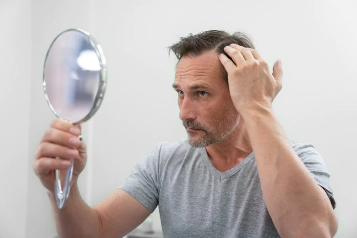 A man looking his grey hair in the mirror | How to stop grey hair
